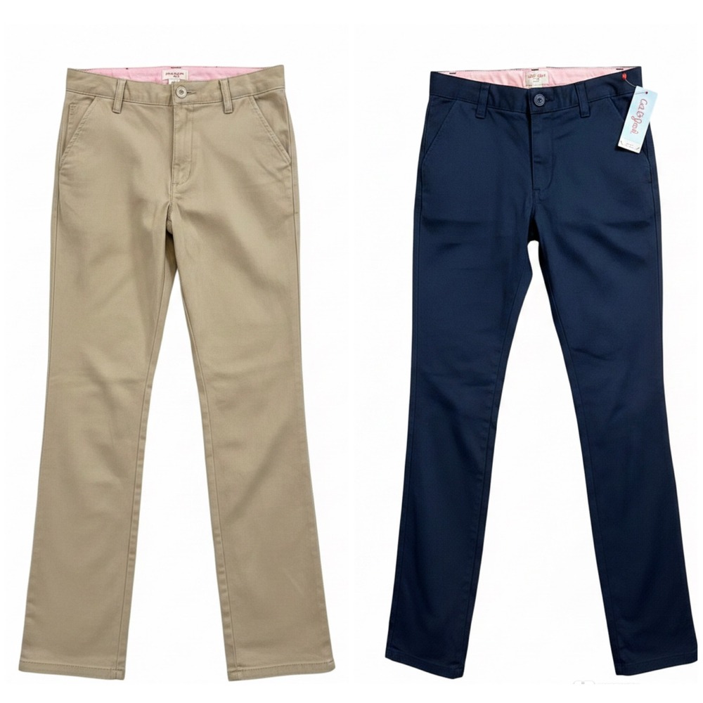 Cat & Jack Girls Straight Leg Uniform Chino Pants 2 Pc Bundle Beige Navy Size 18